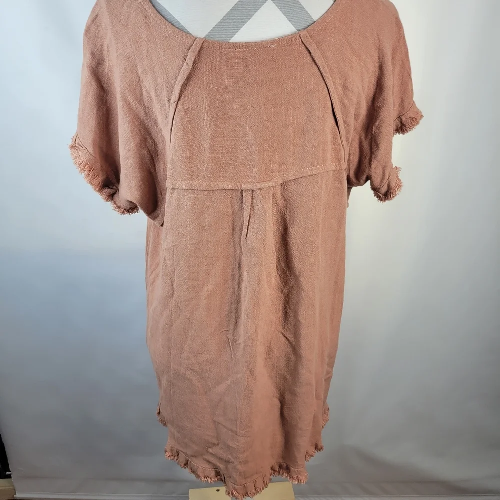 NWT Umgee USA Linen Cotton Blend Short Sleeve Fringed Salmon Pink Size Medium - Picture 3 of 9